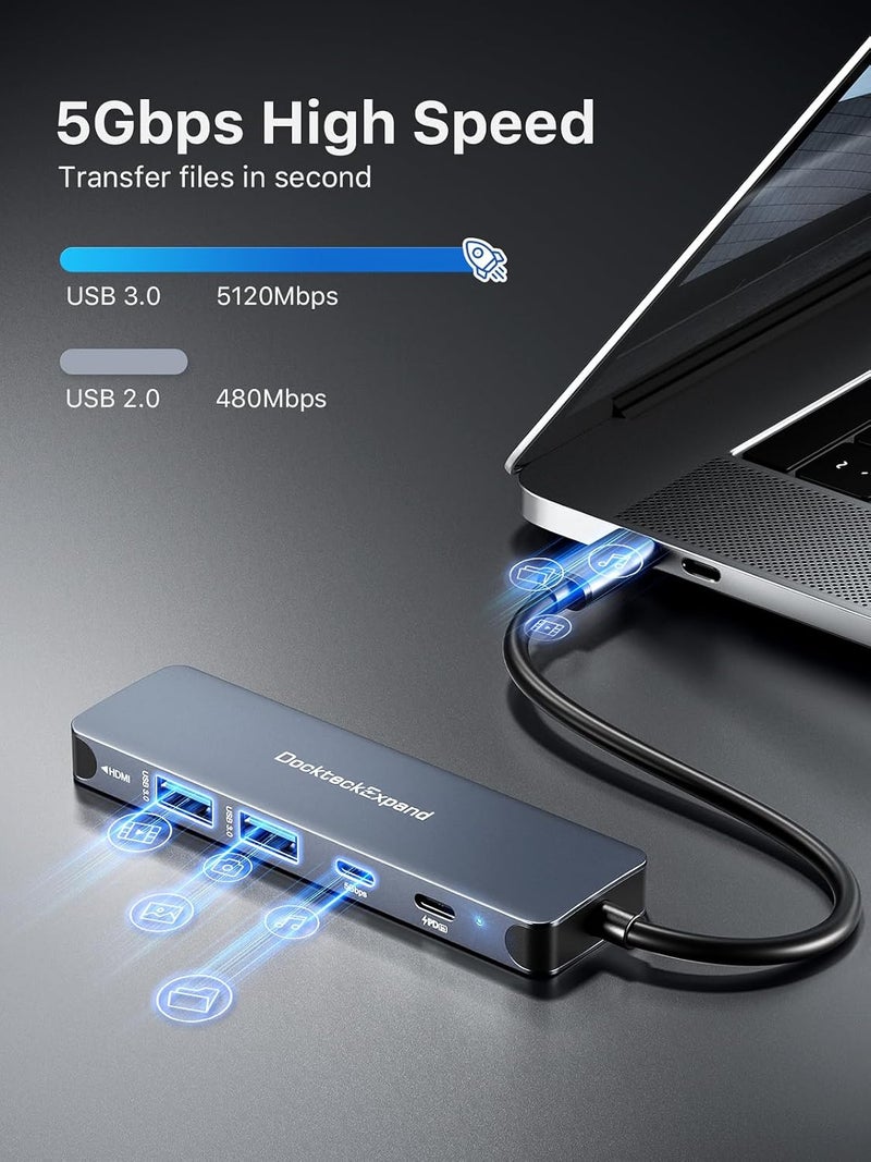 DockteckExpand USB-C Hub 5-in-1 with 4K HDMI, 100W Power Delivery, 5Gbps USB-C Data Port and 2 5Gbps USB-A Data Ports for MacBook Pro/Air, iPad Pro/Air, Dell XPS - Image 3